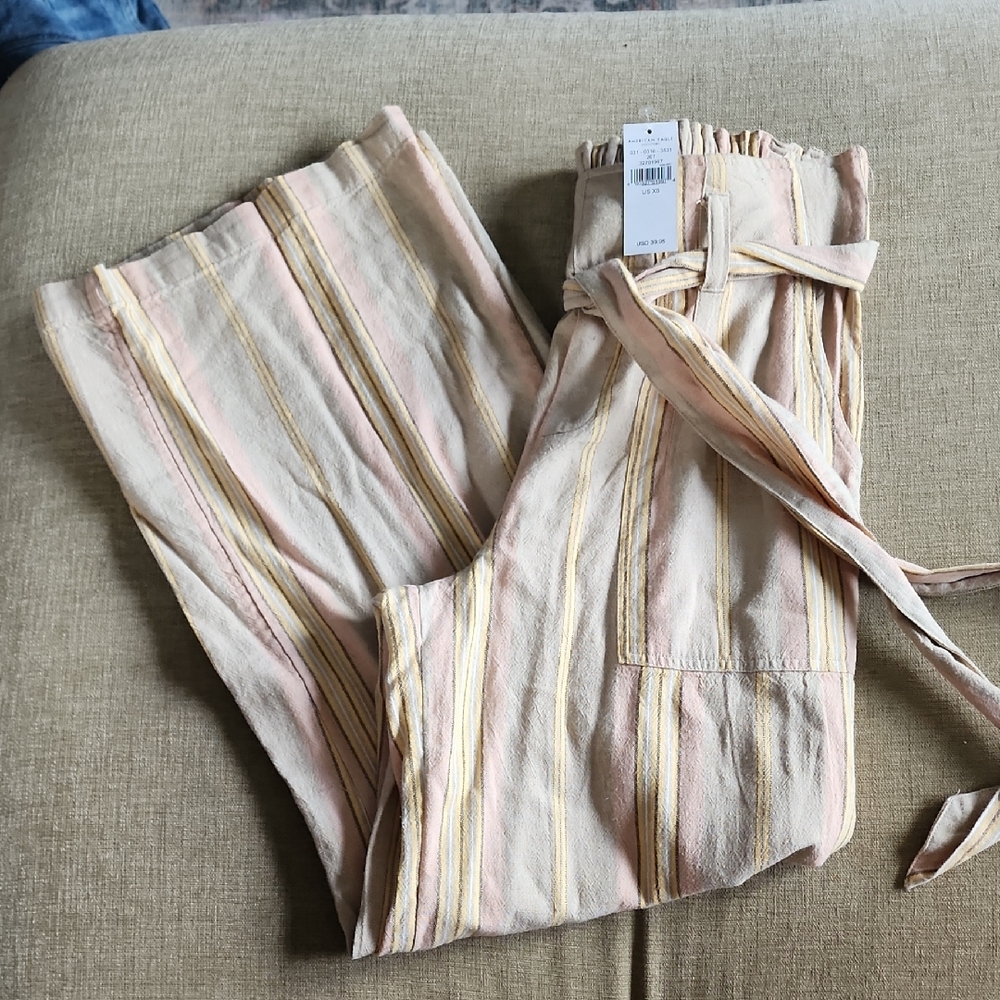 American Eagle Striped Tie-Waist Linen Blend Pants With Pockets